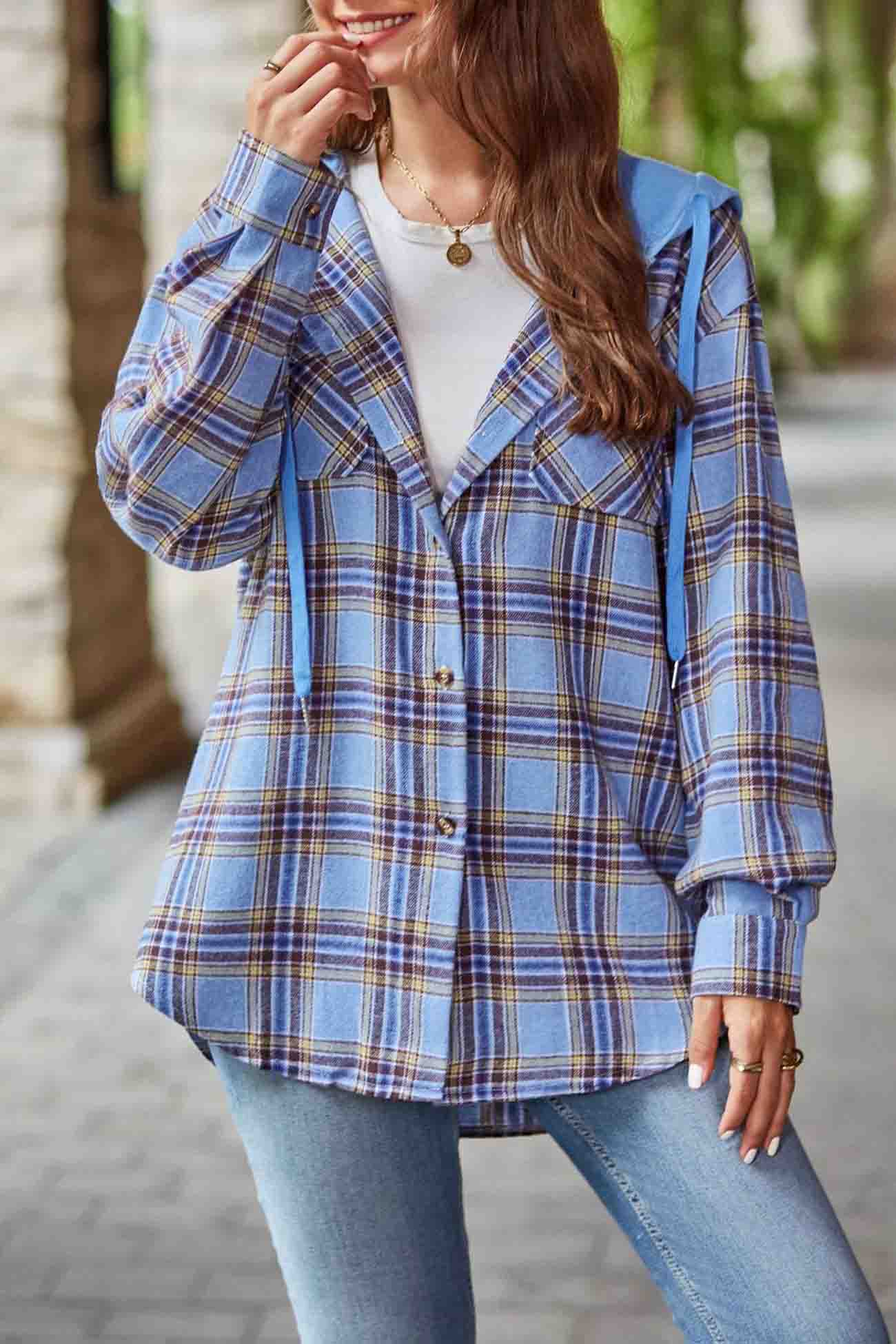 Hooded Plaid Button Up Blouse