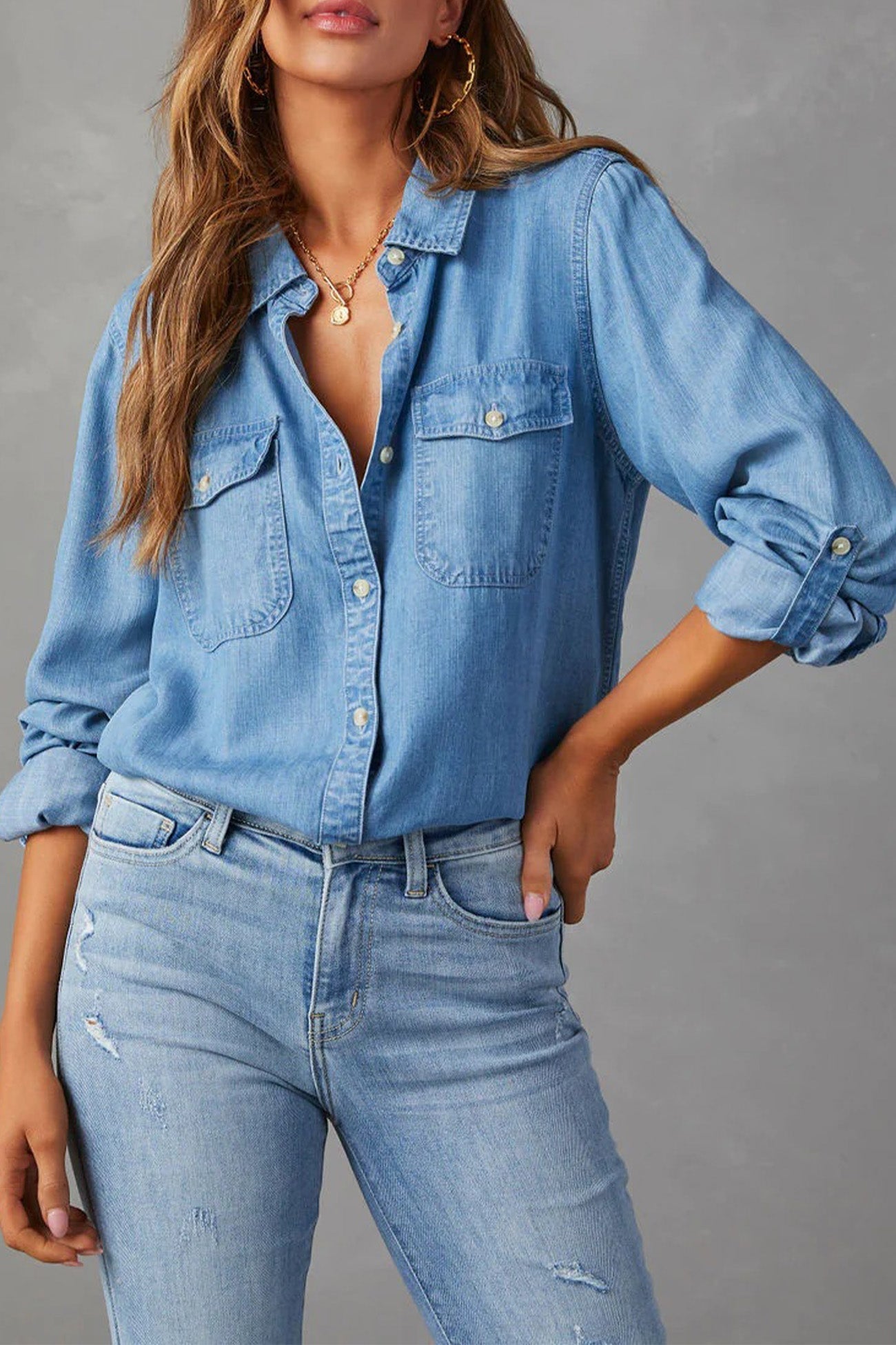 Long Sleeve Button-Up Denim Blouse