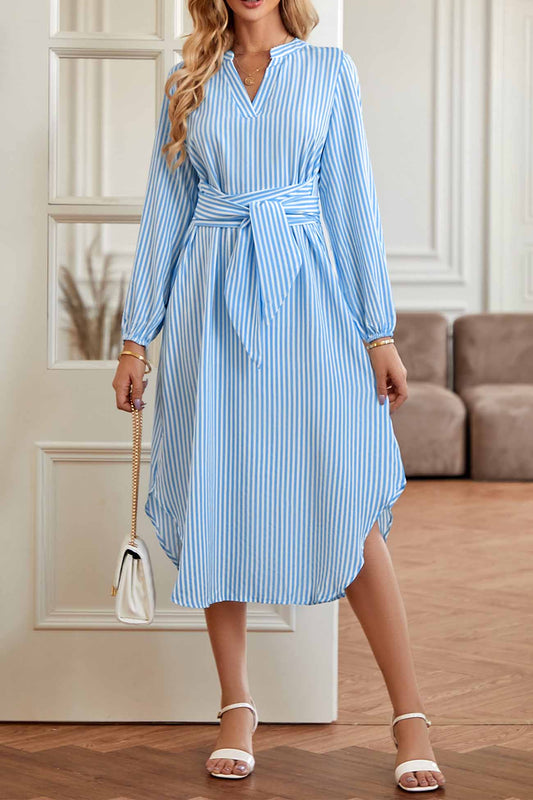 V Neck Striped Tie Waist Long Sleeve Midi Dress