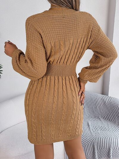 Cable-Knit Cutout Round Neck Slit Long Sleeve Sweater Dress