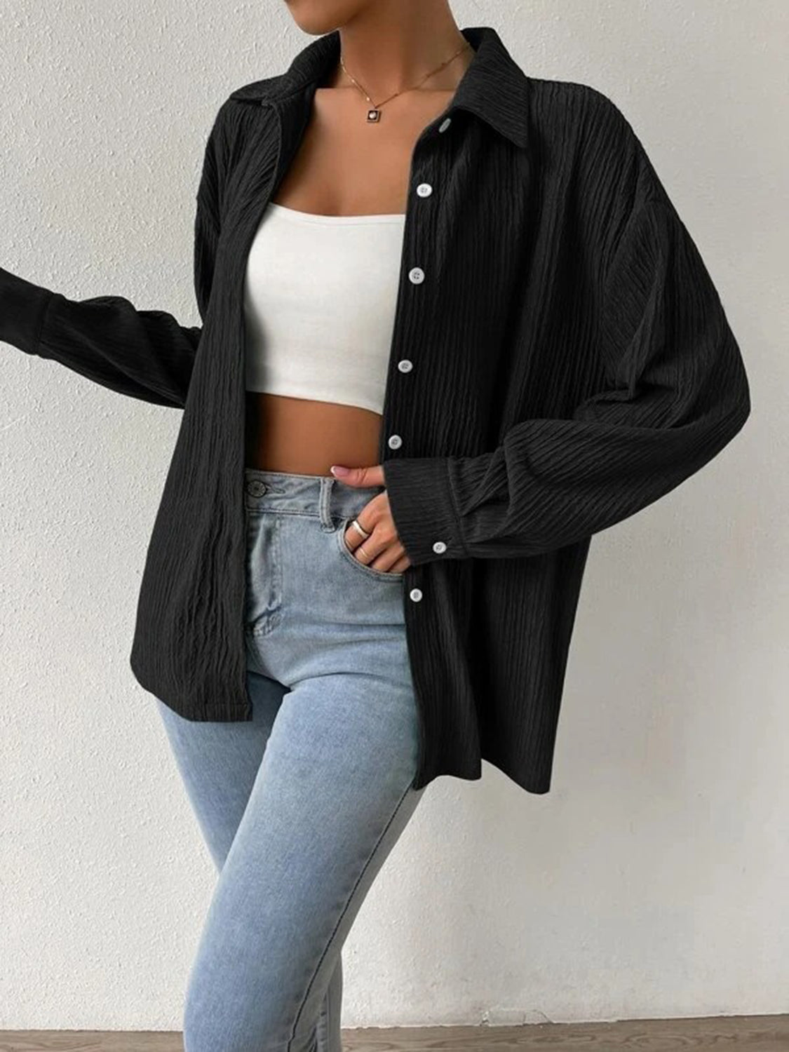 Textured Drop Shoulder Shirt Jacket Black clothes jacket Ship From Overseas Shipping Delay 09/29/2023 - 10/03/2023 top trend Y@L@Y