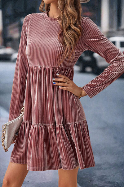 Velvet Ribbed Round Neck Ruffle Hem Casual Long Sleeve Mini Dress Moonlit Mauve casual dress casual dresses clothes dress dresses long sleeve dress long sleeve dresses Ship From Overseas short dress short dresses SYNZ