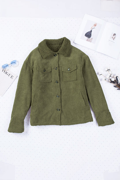 Green Corduroy Ribbed Shell Fleece Lining Jacket