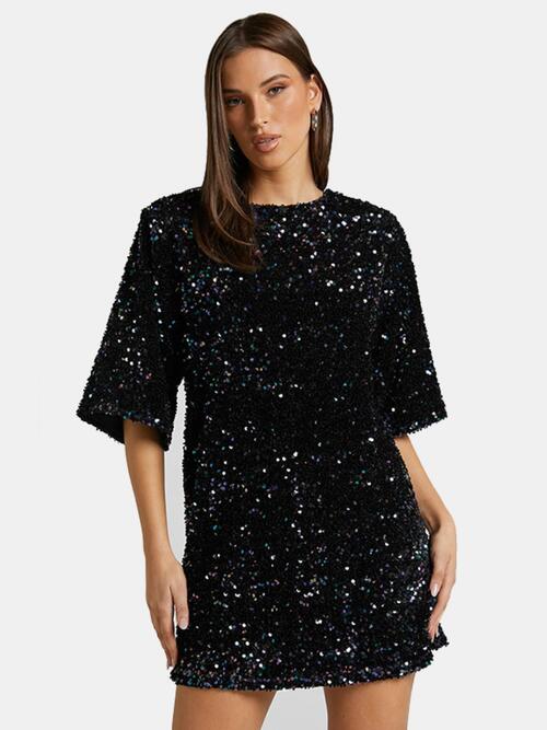 Sequin Tie Back Half Sleeve Mini Dress Black clothes dress dresses R.T.S.C Ship From Overseas short dresses