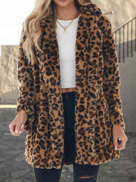 Leopard Collared Neck Coat with Pockets Coffee Brown clothes Jackets & Coats P@S Ship From Overseas