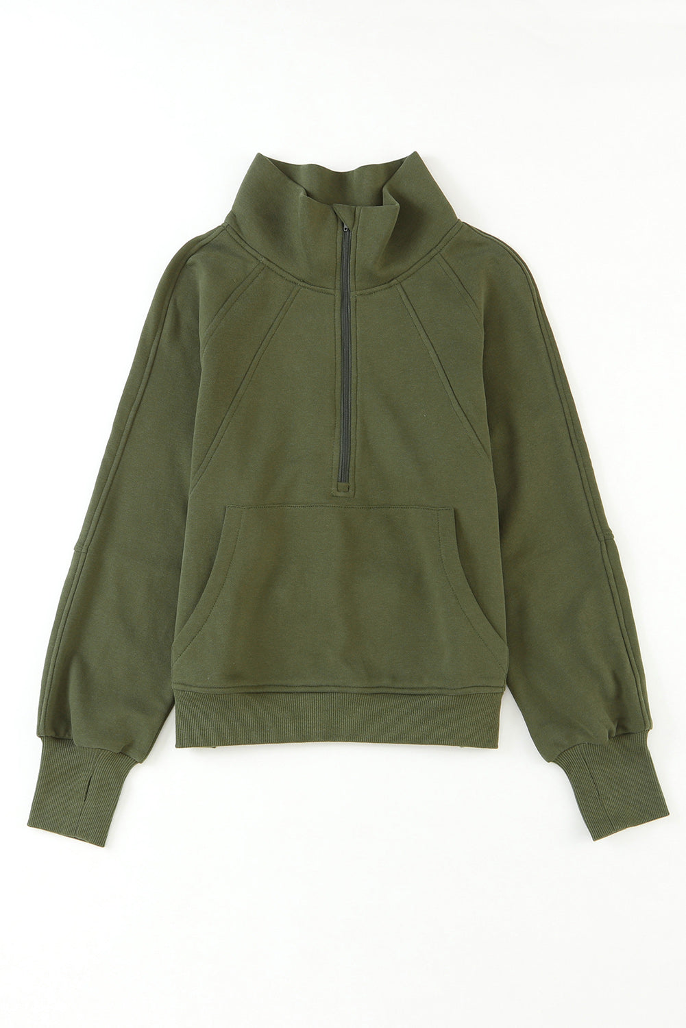 Green Zip Up Stand Collar Ribbed Thumbhole Sleeve Sweatshirt