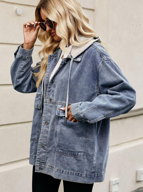 Drawstring Button Down Hooded Denim Jacket