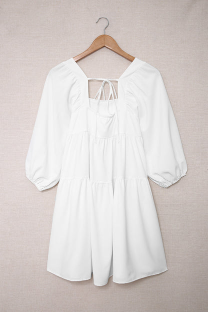 White Square Neck Half Sleeve High Low Mini Dress