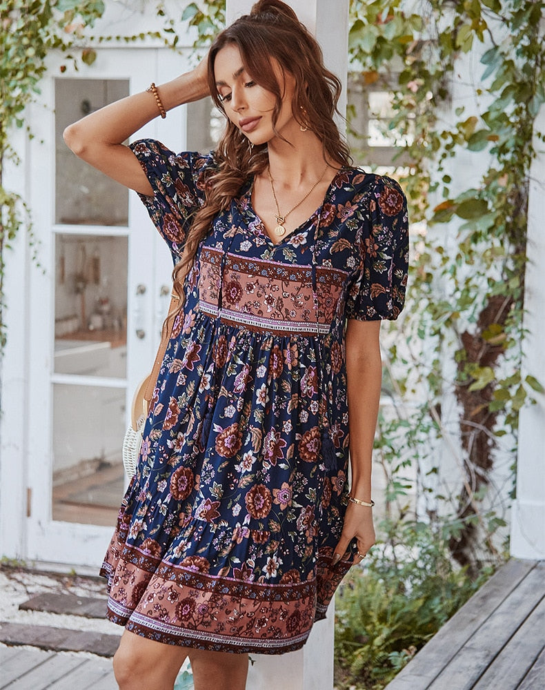 Bonnie Floral Puff Sleeve Summer Midi Dress