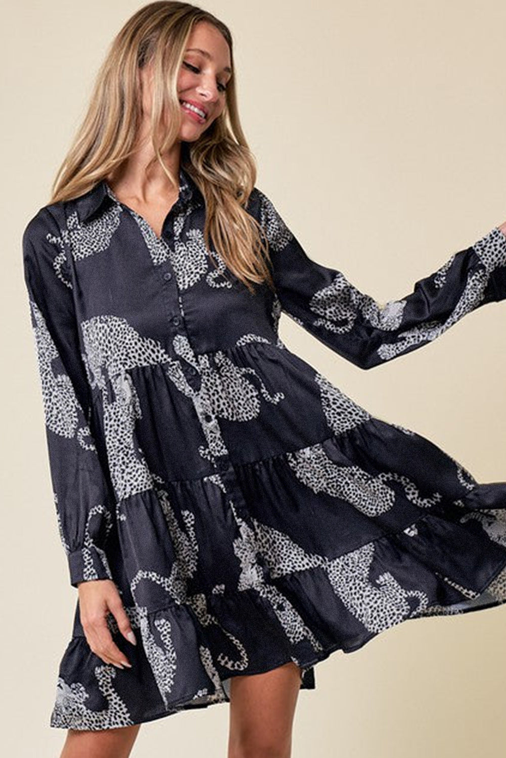 Black Leopard Print Button-up Long Sleeve Casual  Dress