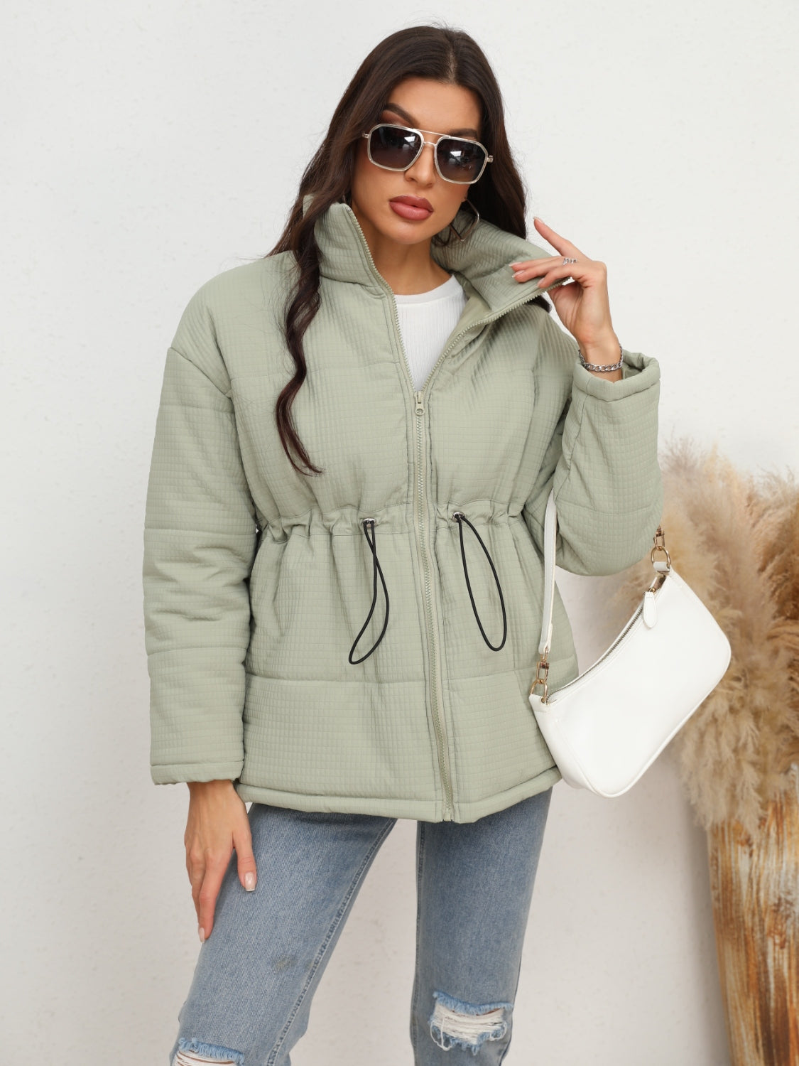 Drawstring Waist Zip-Up Fahsion Puffer Jacket Light Green CATHSNNA clothes Jackets & Coats Ship From Overseas Shipping Delay 09/29/2023 - 10/03/2023