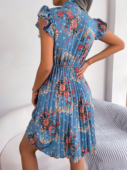 Pleated Floral Printed Tie Neck Knee Length  Short Sleeve Dress