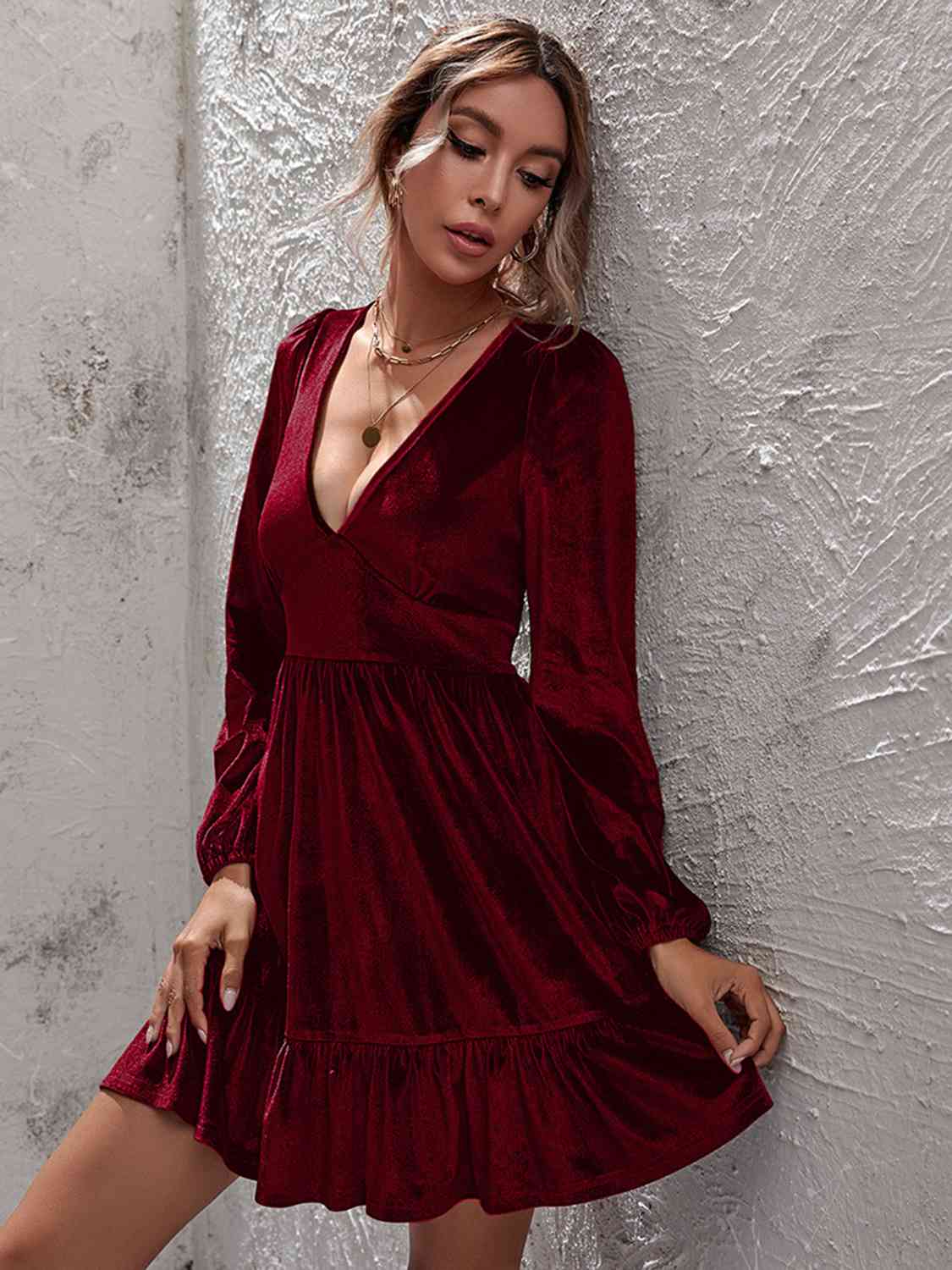 Plunge Long Sleeve Ruffle Hem Velvet Dress