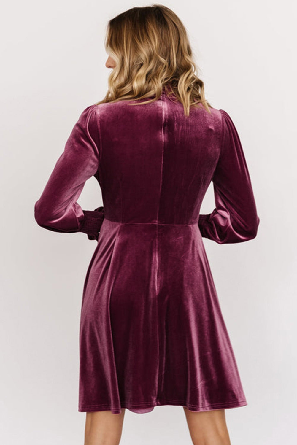 Burgundy Long Sleeve Dress Smocked High Neck Flounce Sleeve Velvet Dress