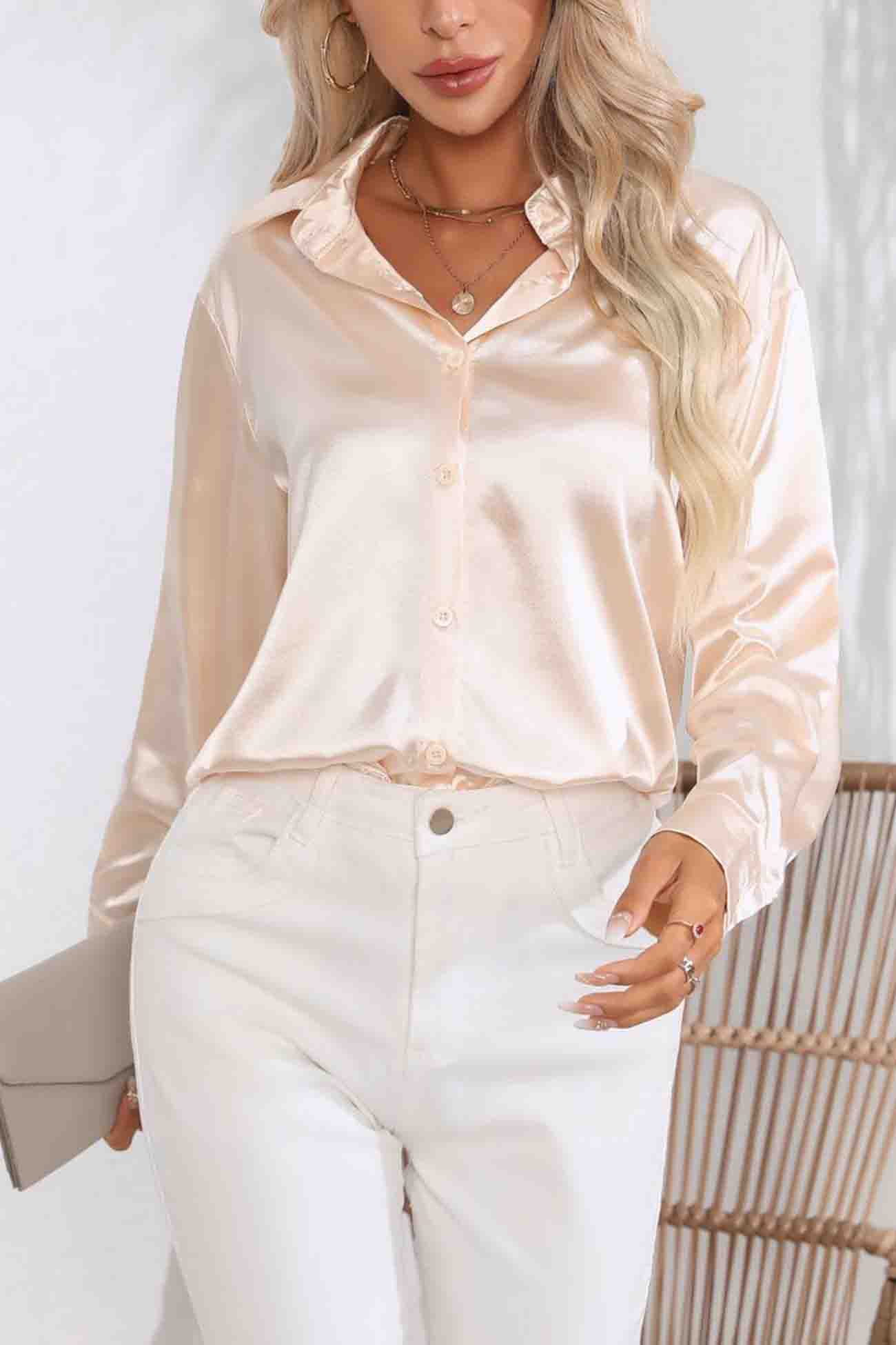 Lapel Satin Button Up Blouse