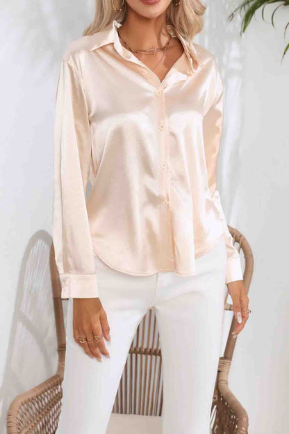 Lapel Satin Button Up Blouse