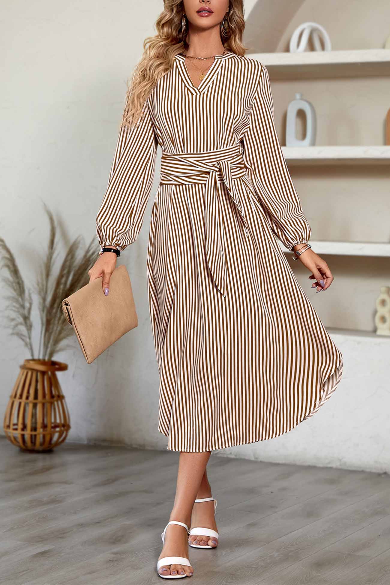 V Neck Striped Tie Waist Long Sleeve Midi Dress