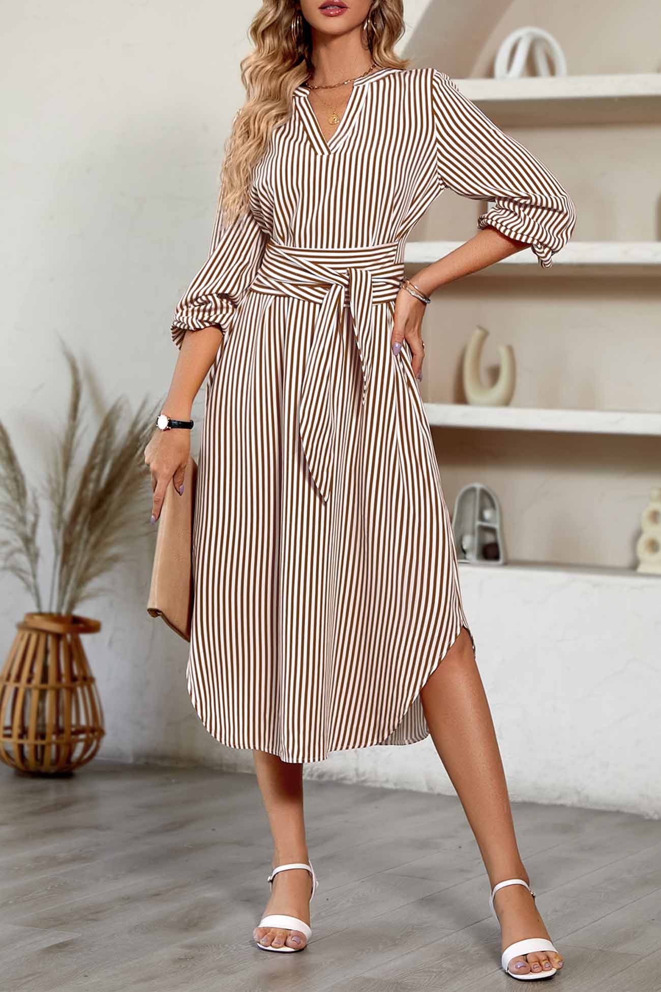 V Neck Striped Tie Waist Long Sleeve Midi Dress