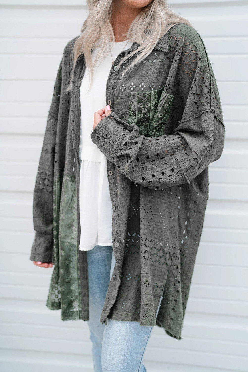 Duffel Green Eyelet Pattern Patchwork Oversized Button Up Shacket