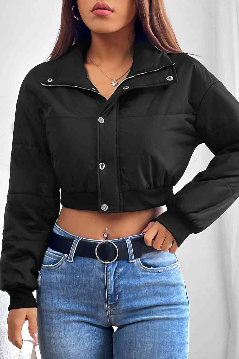 Snap and Zip Closure Crop Puffy Sexy Winter Coat