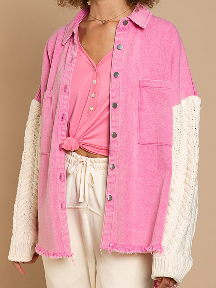 Cable-Knit Raw Hem Denim Jacket Carnation Pink clothes Denim Jacket jacket Jackets & Coats Ship From Overseas T.F@Denim