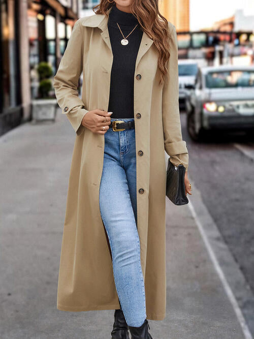 Collared Neck Button Front Long Trench Coat Tan Bigh clothes Jacket Jackets & Coats Ship From Overseas