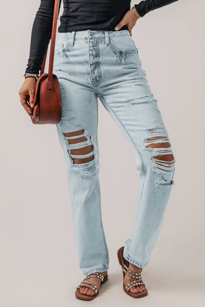 Beau Blue Vintage Acid Wash Distressed Straight Leg Ripped Jeans