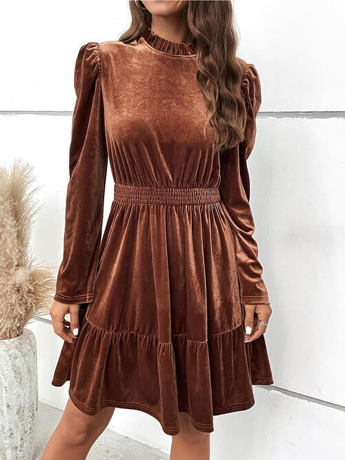 Smocked Long Sleeve Ruffle Hem Casual Short Dress