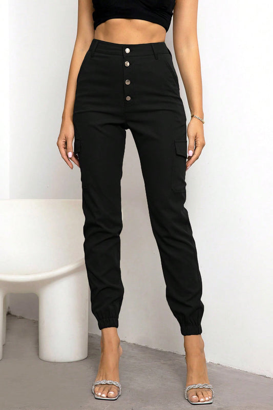 Button Fly Cargo Pants Black bottoms clothes pants Ringing-N Ship From Overseas