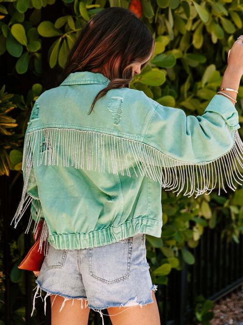 Fringed Chain Raw Hem Distressed Denim Jacket