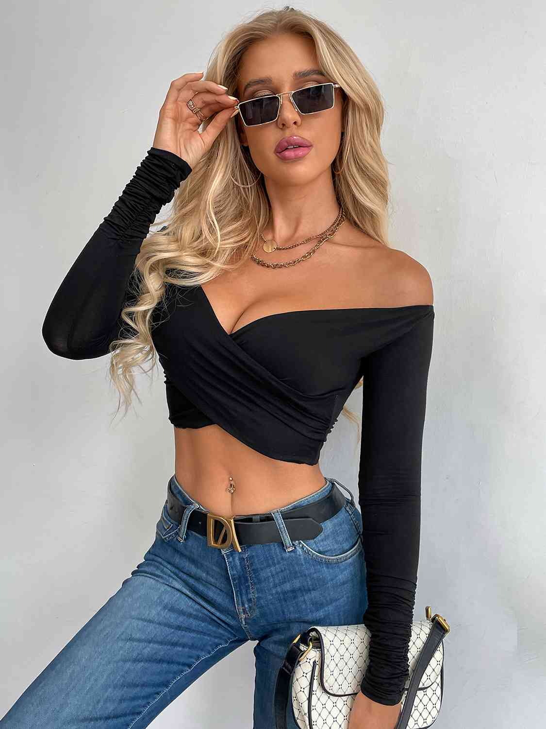 Crisscross Long Sleeve Cropped Top Black clothes crop top crop tops cropped top croptop long sleeve shirts long sleeve top Ship From Overseas Shipping Delay 09/29/2023 - 10/01/2023 shirt shirts top tops Y@X@N@H