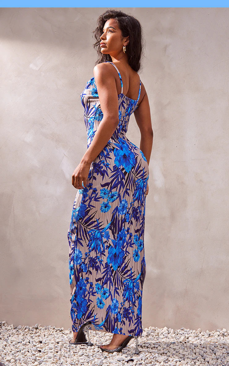 Juliet Print Pleated Bodycon Maxi Dress