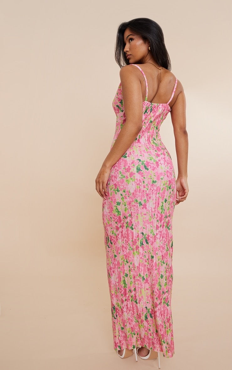 Juliet Print Pleated Bodycon Maxi Dress