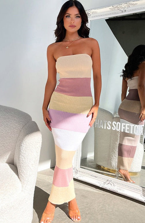 Linda Contrast Colors Strapless Knit Midi Dress