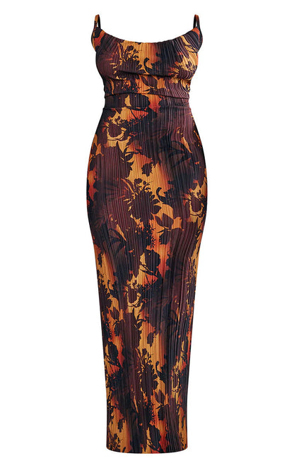 Juliet Print Pleated Bodycon Maxi Dress