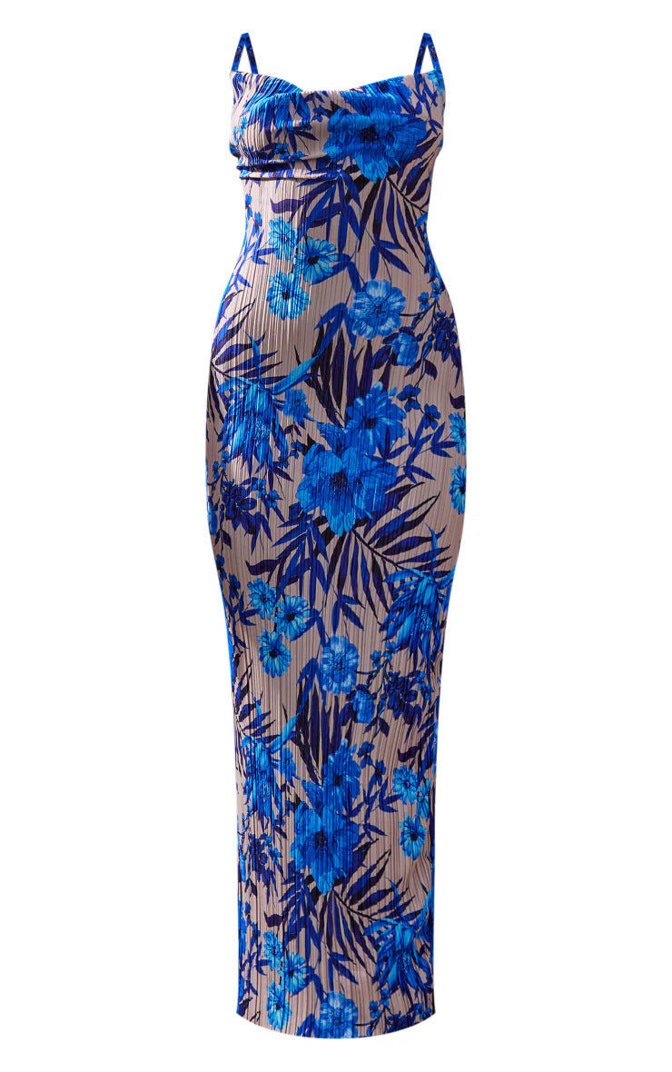 Juliet Print Pleated Bodycon Maxi Dress