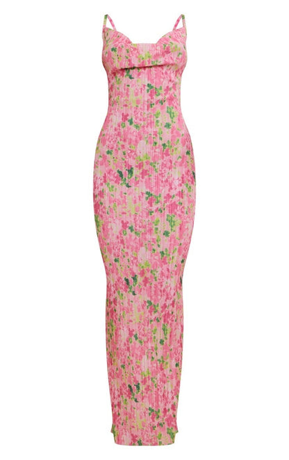 Juliet Print Pleated Bodycon Maxi Dress