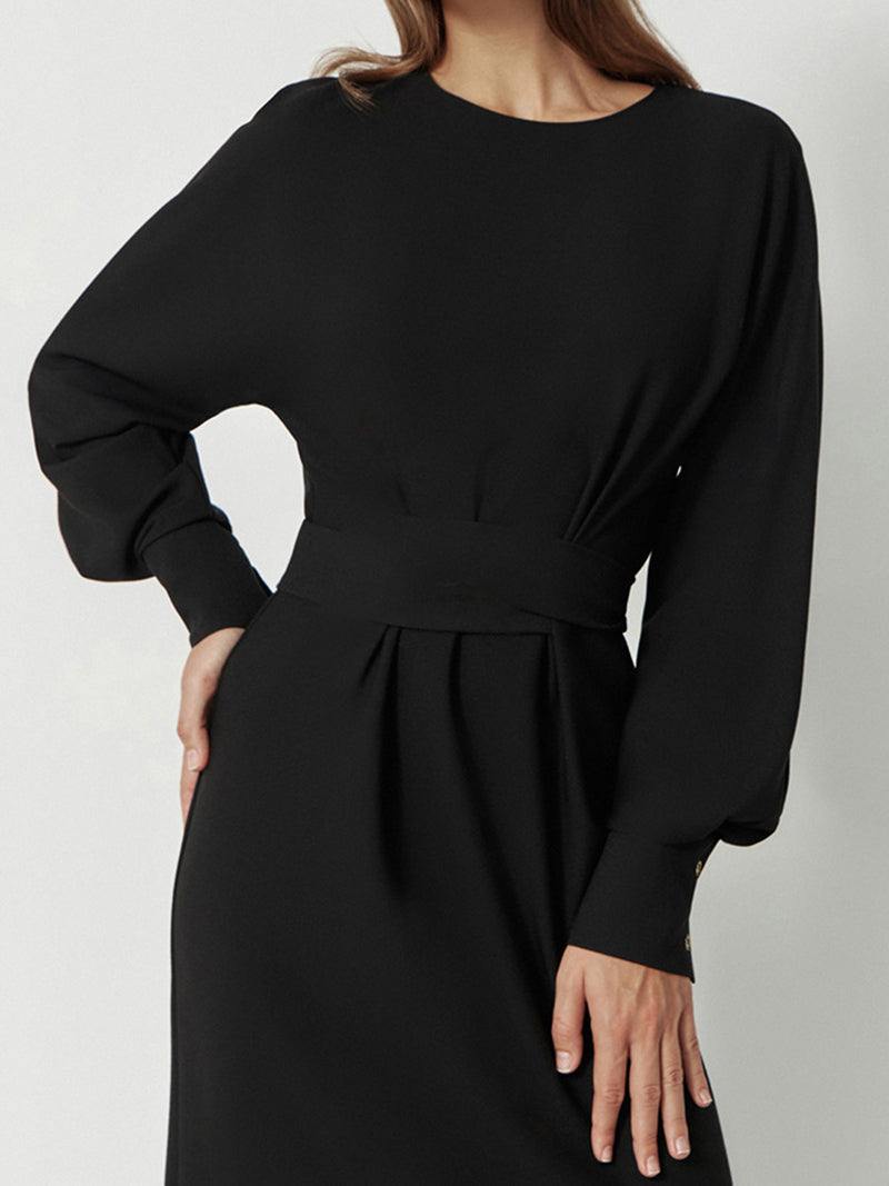 Sandy  O-Neck Long Lantern Sleeve Midi Dress