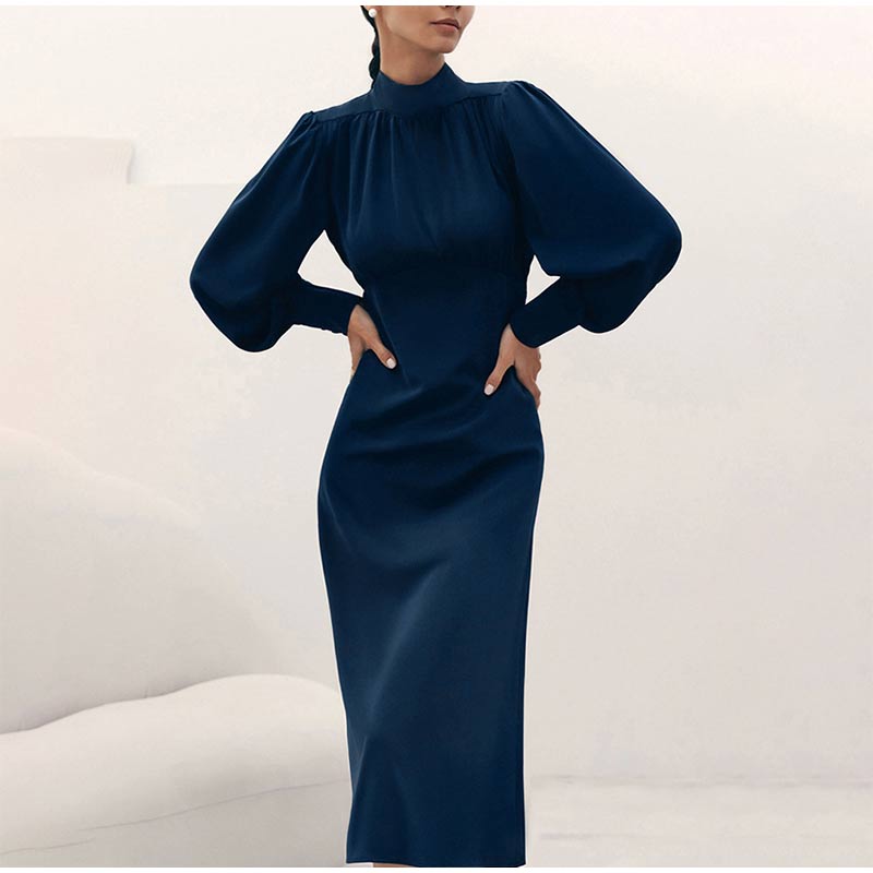 Alana Solid Turtleneck Lantern Sleeve Maxi Dress