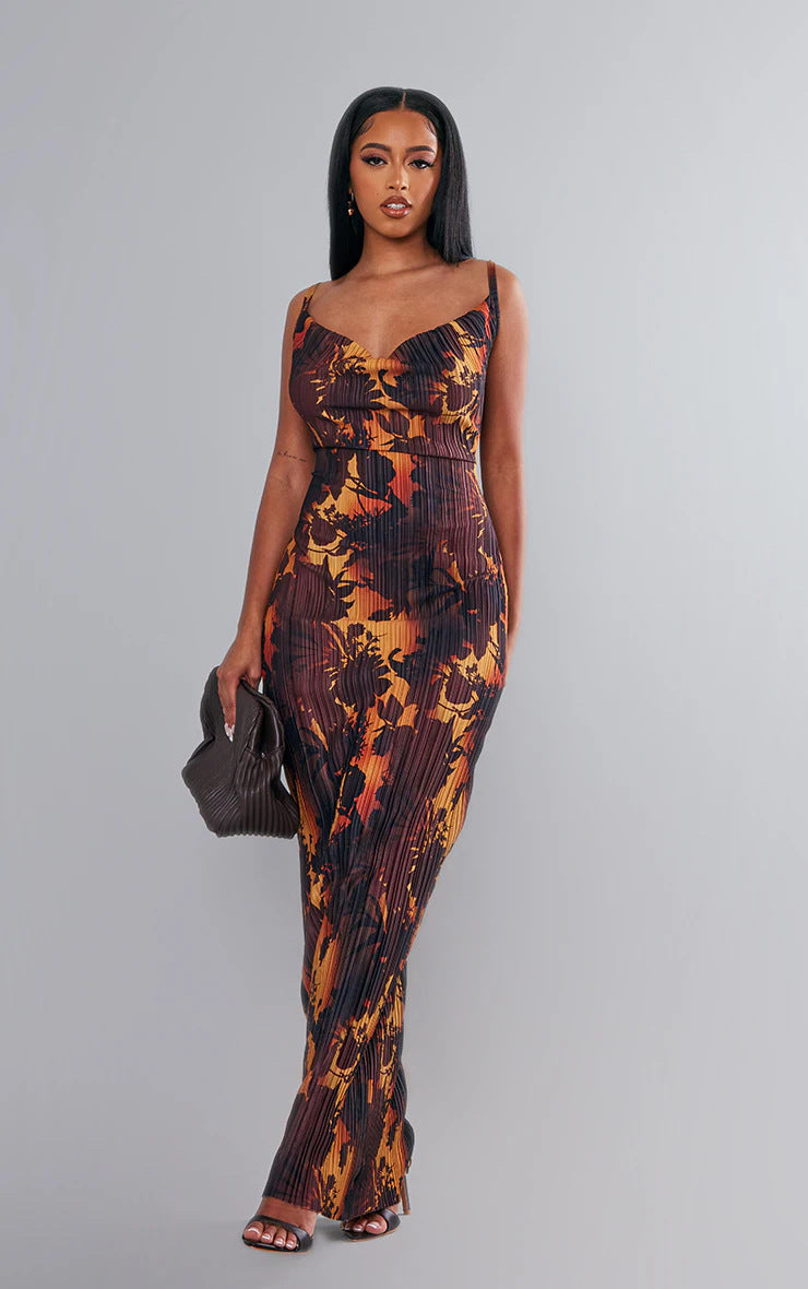 Juliet Print Pleated Bodycon Maxi Dress