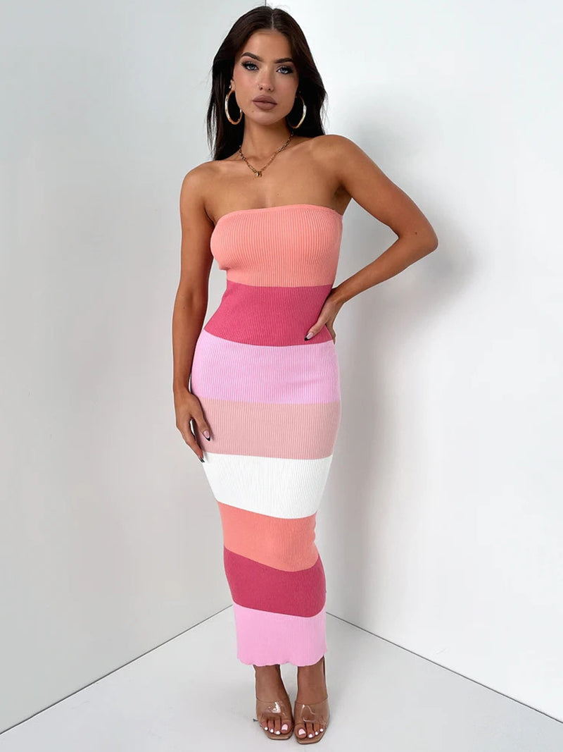 Linda Contrast Colors Strapless Knit Midi Dress