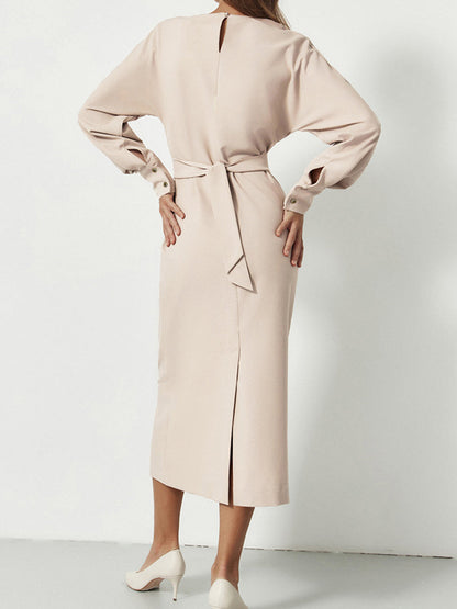 Sandy  O-Neck Long Lantern Sleeve Midi Dress