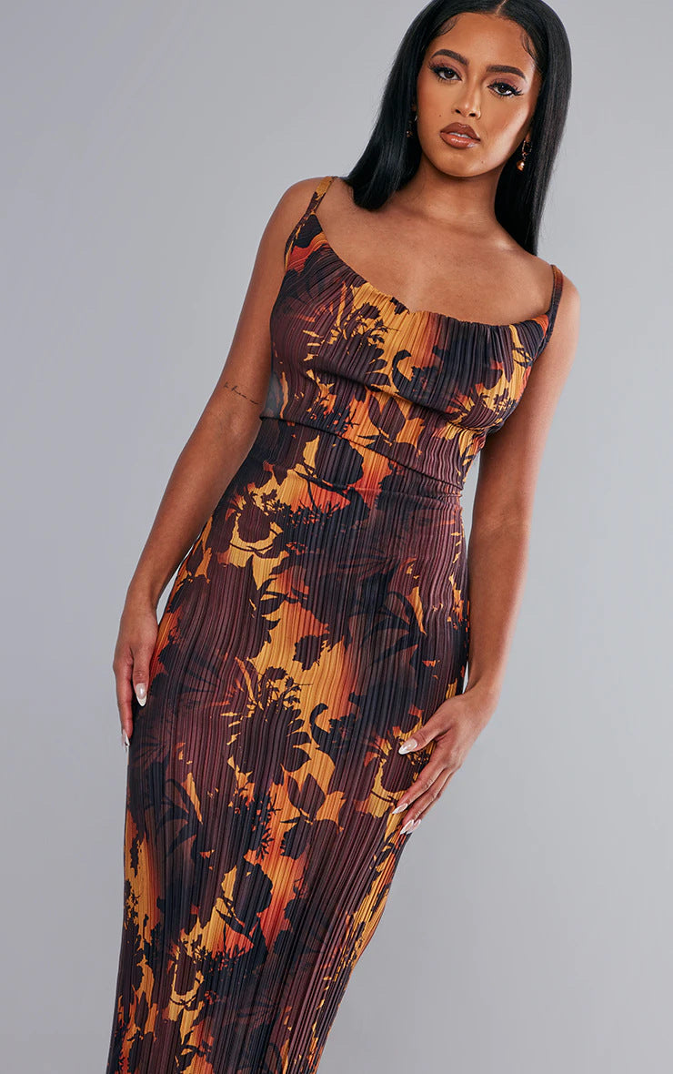 Juliet Print Pleated Bodycon Maxi Dress