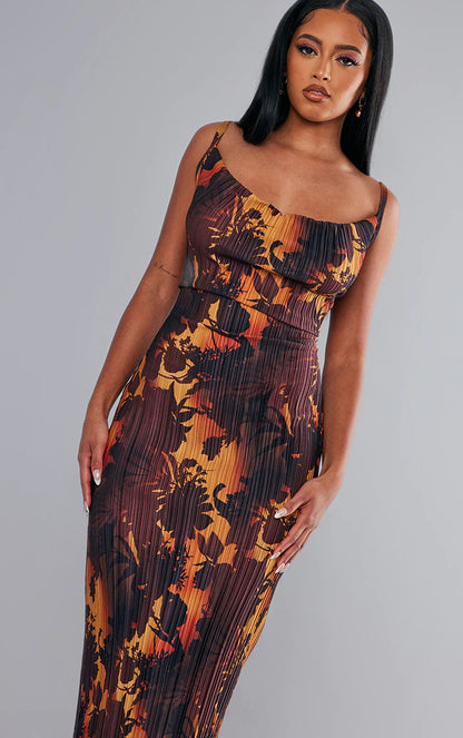 Juliet Print Pleated Bodycon Maxi Dress