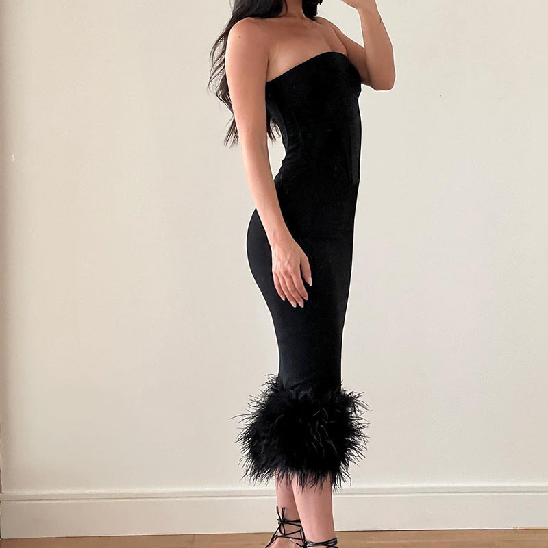 Marion Off-shoulder Strapless Feather Tassel Midi Dress