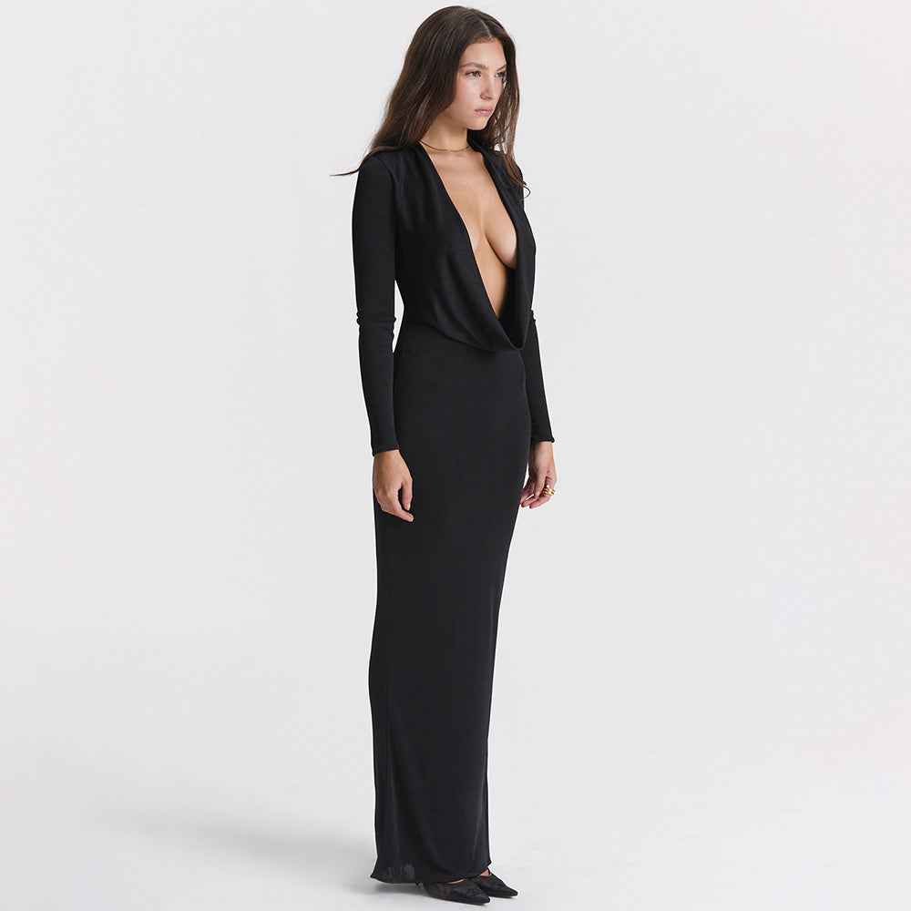 Leila Black Deep V Neck Sexy Maxi Dress