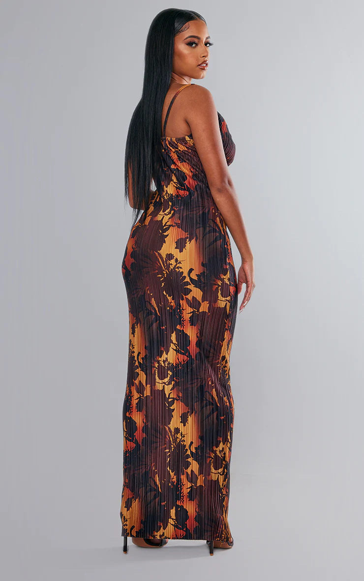 Juliet Print Pleated Bodycon Maxi Dress