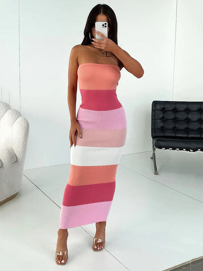 Linda Contrast Colors Strapless Knit Midi Dress