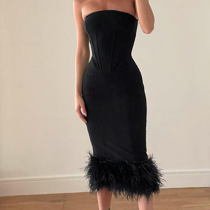 Marion Off-shoulder Strapless Feather Tassel Midi Dress