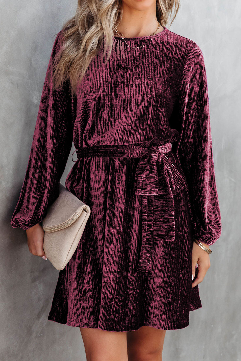 Fiery Red Tie Waist Crinkle Velvet Dress Red 95%Polyester+5%Elastane casual dress casual dresses clothes Color Purple dress dresses Fabric Velvet long sleeve dresses Occasion Daily Print Solid Color Season Winter short dresses Silhouette A-Line Style Elegant